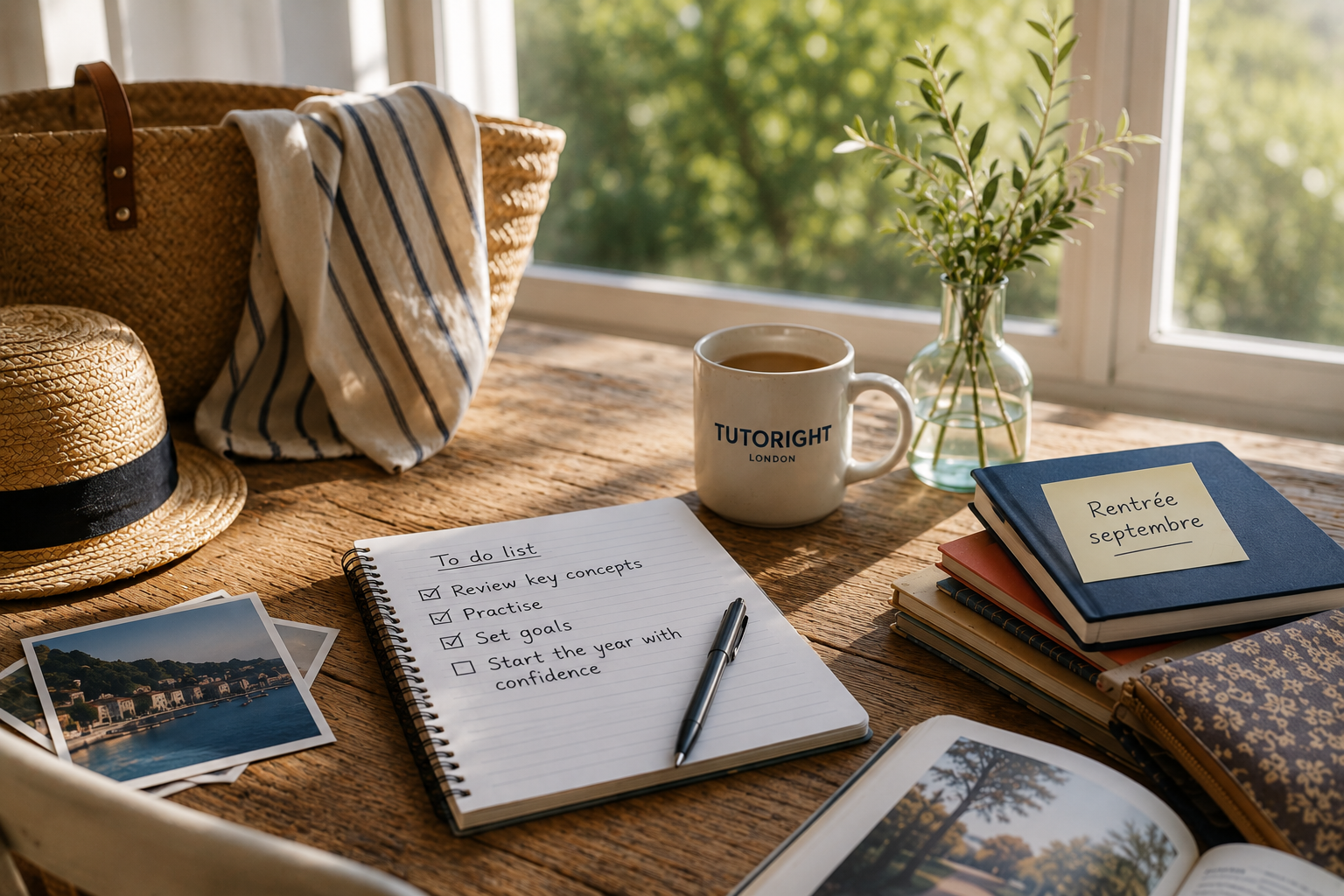 Student preparing for the new school year with notebooks, a laptop and a Tutoright mug, illustrating back-to-school preparation during the summer holidays.